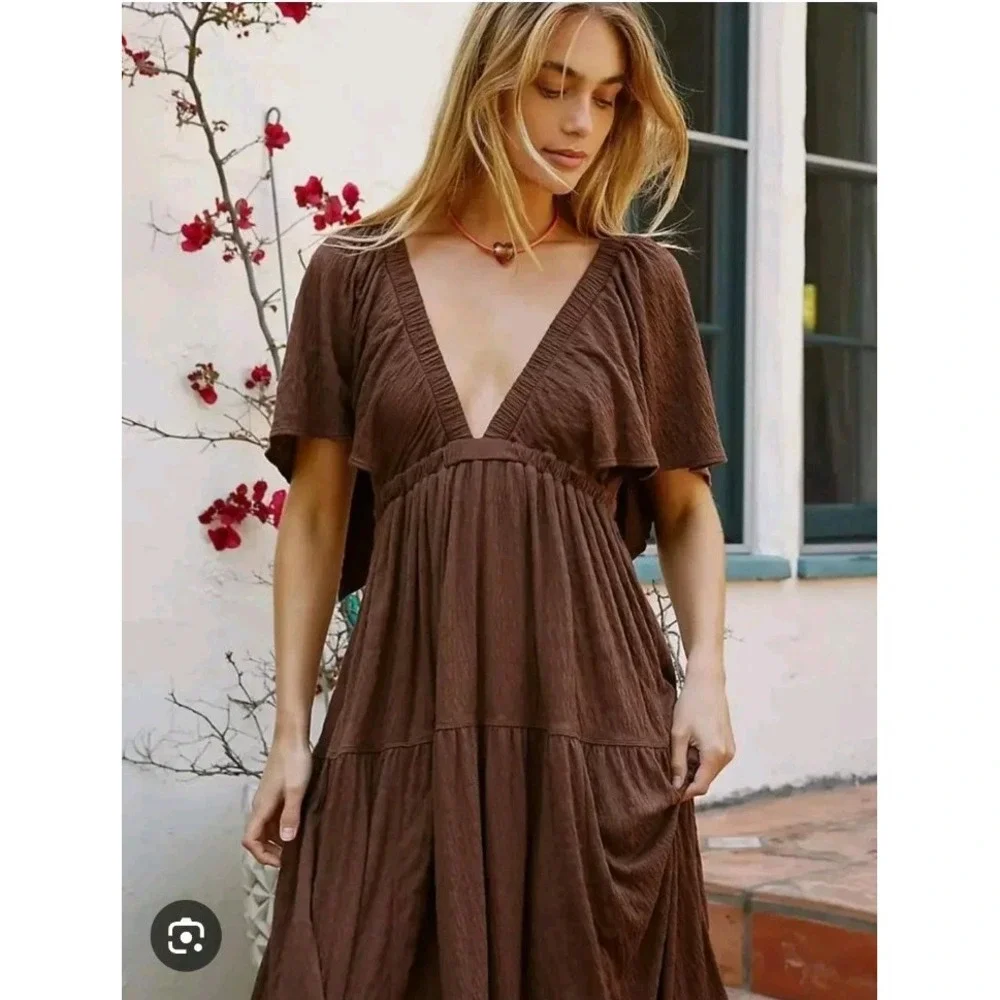 Free People Brown Maxi Dress with Deep V Neck